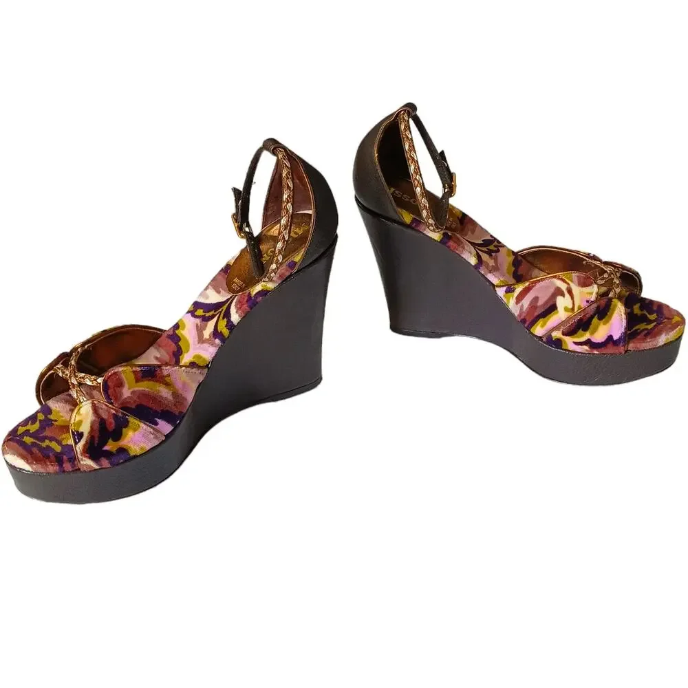 MISSONI Colorful Velvet Heel Sandal 35 High Wedge Ankle Straps Purple Green Gold